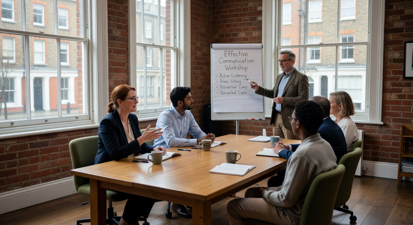 Leadership communication workshop in a modern meeting room