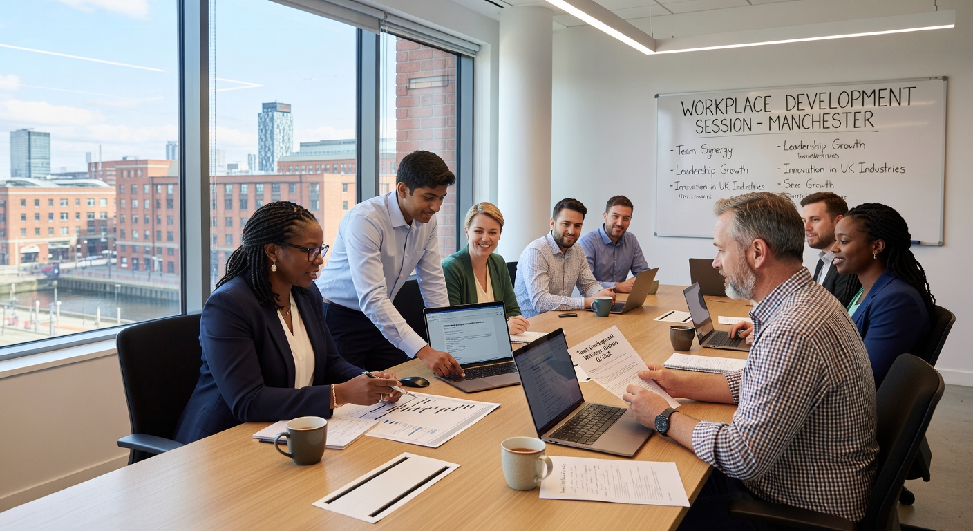 Leadership team collaborating in a Manchester office